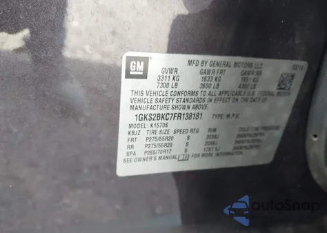 2015 GMC Yukon Slt z USA, uszkodzony, nr VIN 1GKS2BKC7FR138181